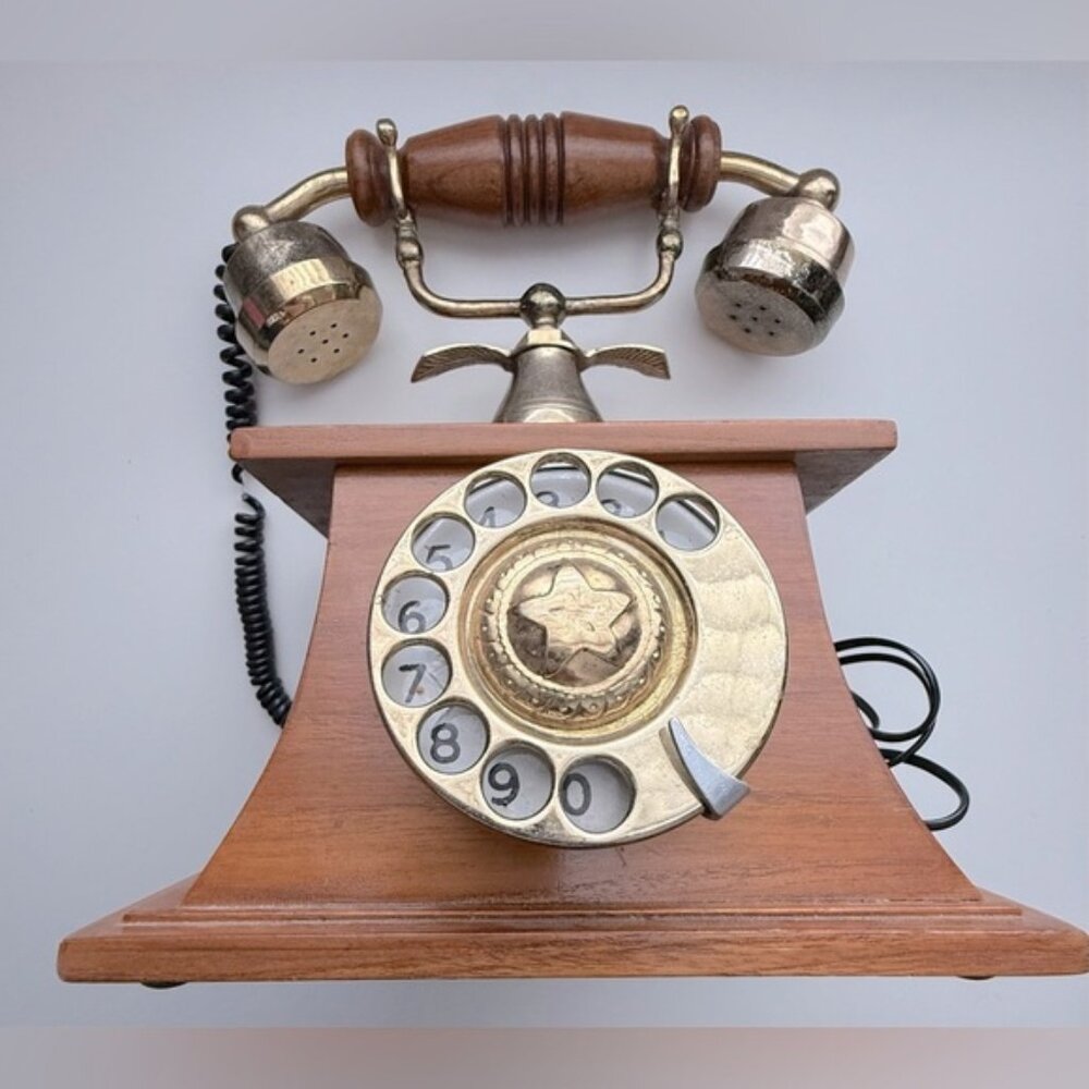 Vintage Rotary Dial Telephone With Wood And Brass